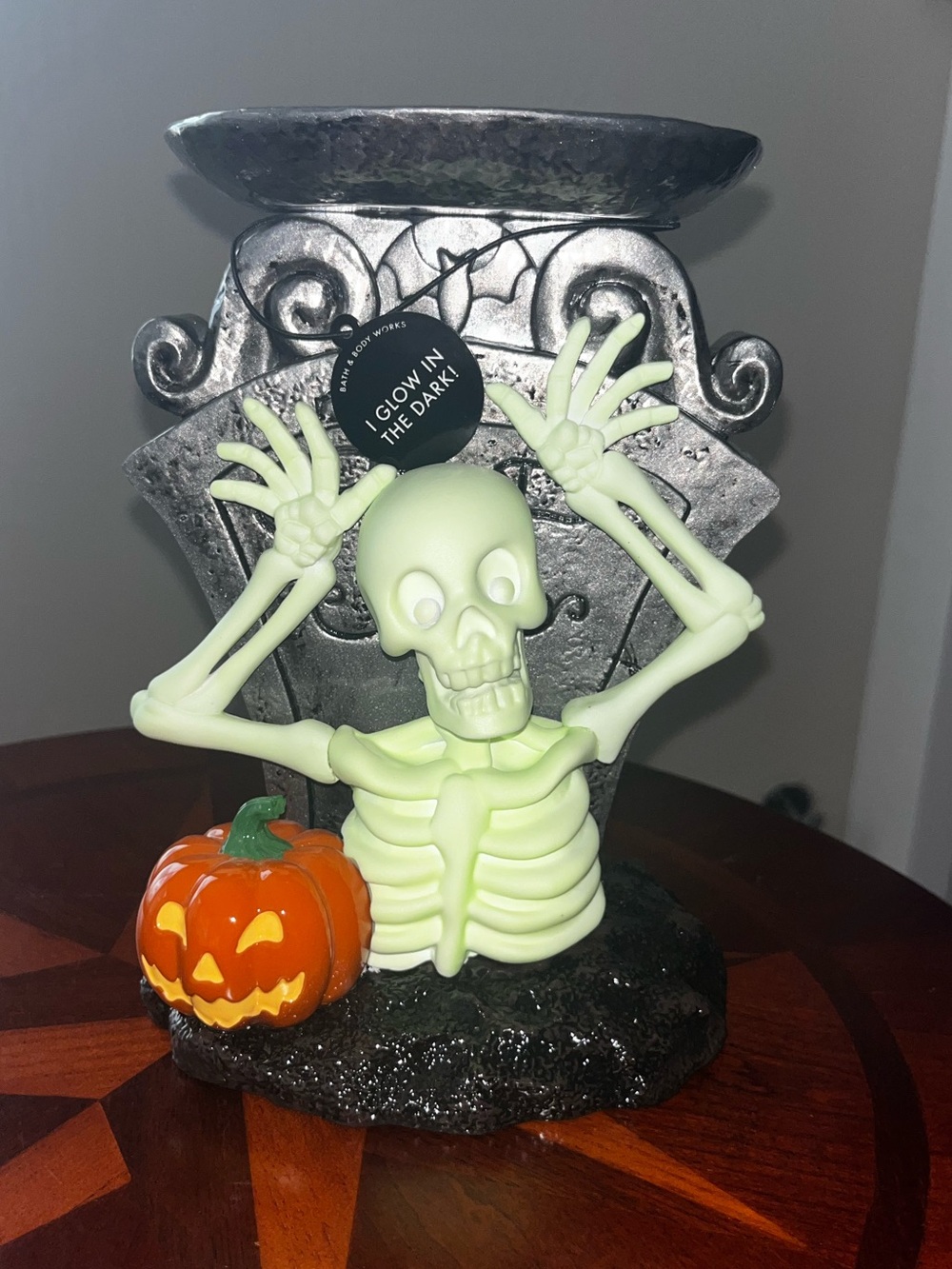 Glow-in-the-Dark Skeleton Boo! Pedestal 3-Wick Candle Holder